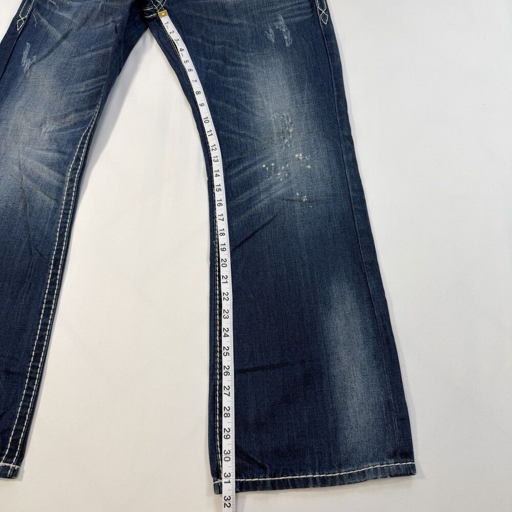 Rock Revival Mason Jeans Sz 33 Blue Distressed Bootcut Denim Y2K Grunge Festival - Picture 7 of 13